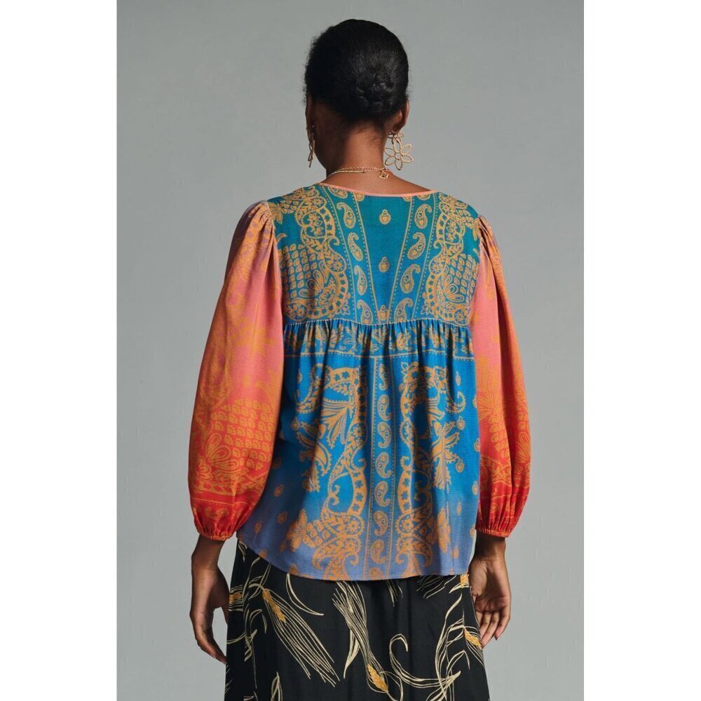 Anthropologie Farm Rio Puff-Sleeve Blouse Beaded Tassels Size M NWT - Picture 4 of 8